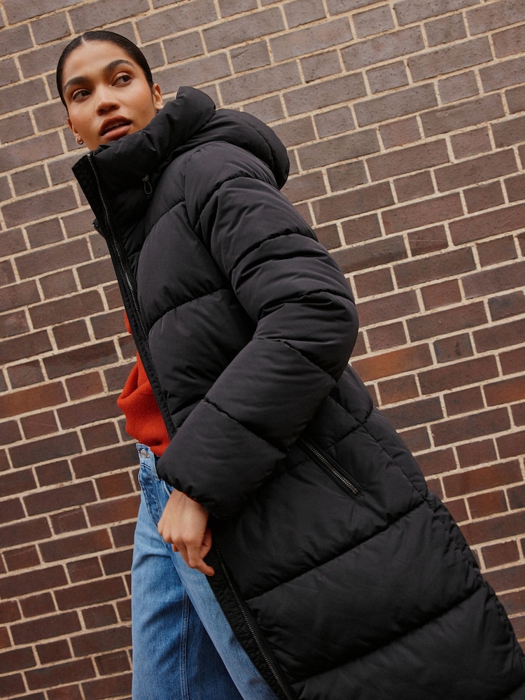 黑色 - Shower Resistant Hooded Long Wadded Coat - 圖片 2/6