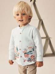 Light Grey Christmas Scene Long Sleeve Grandad Collar Scene Printed Shirt (3mths-10yrs) - Image 1 of 8