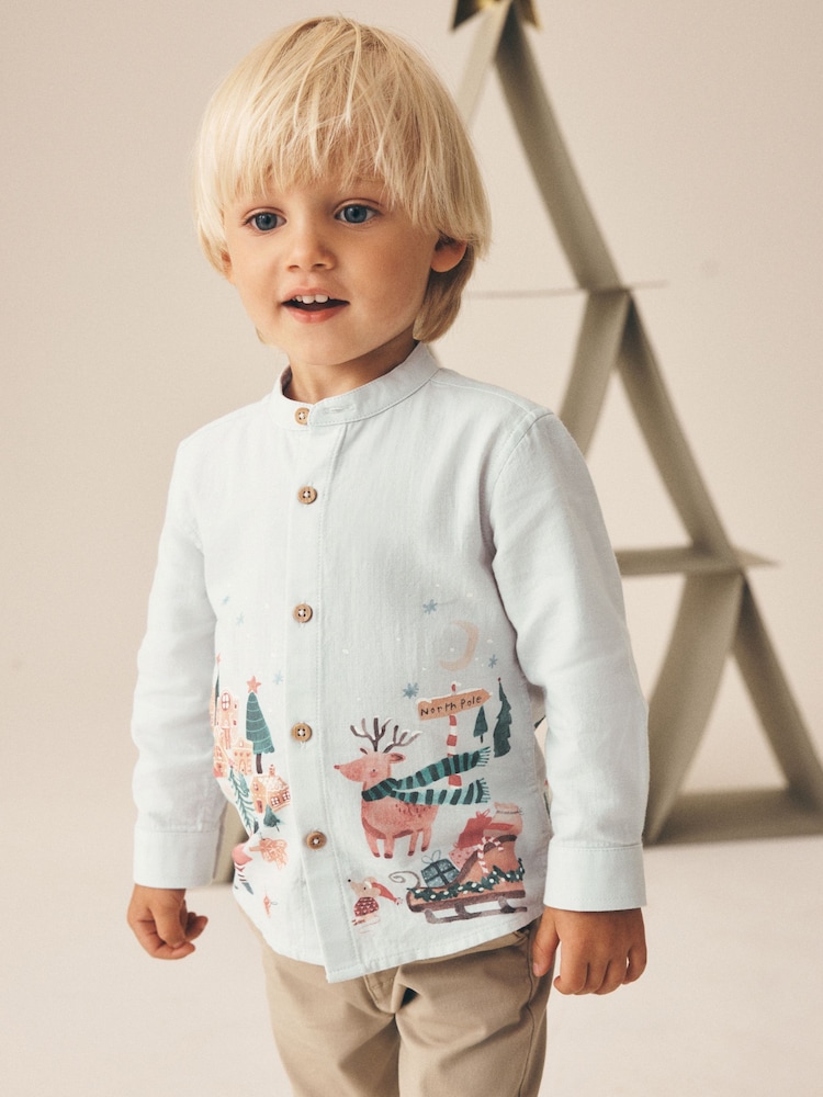 Light Grey Christmas Scene Long Sleeve Grandad Collar Scene Printed Shirt (3mths-10yrs) - Image 1 of 8 Light Grey Christmas Scene Long Sleeve Grandad Collar Scene Printed Shirt (3mths-10yrs) - Image 1 of 8