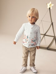 Light Grey Christmas Scene Long Sleeve Grandad Collar Scene Printed Shirt (3mths-10yrs) - Image 2 of 8