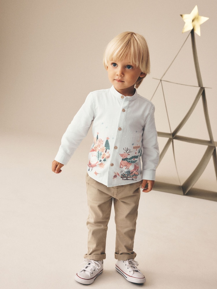 Light Grey Christmas Scene Long Sleeve Grandad Collar Scene Printed Shirt (3mths-10yrs) - Image 2 of 8 Light Grey Christmas Scene Long Sleeve Grandad Collar Scene Printed Shirt (3mths-10yrs) - Image 2 of 8
