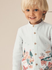 Light Grey Christmas Scene Long Sleeve Grandad Collar Scene Printed Shirt (3mths-10yrs) - Image 4 of 8