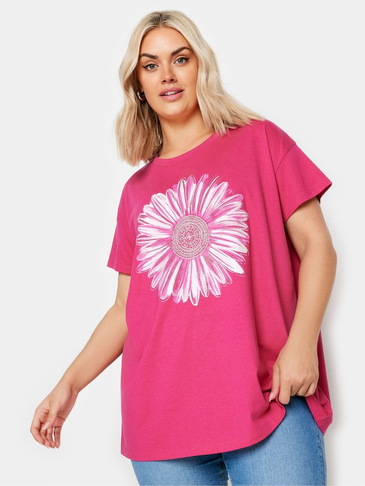 Yours Curve Pink Placement Print T-Shirt - Image 1 of 5