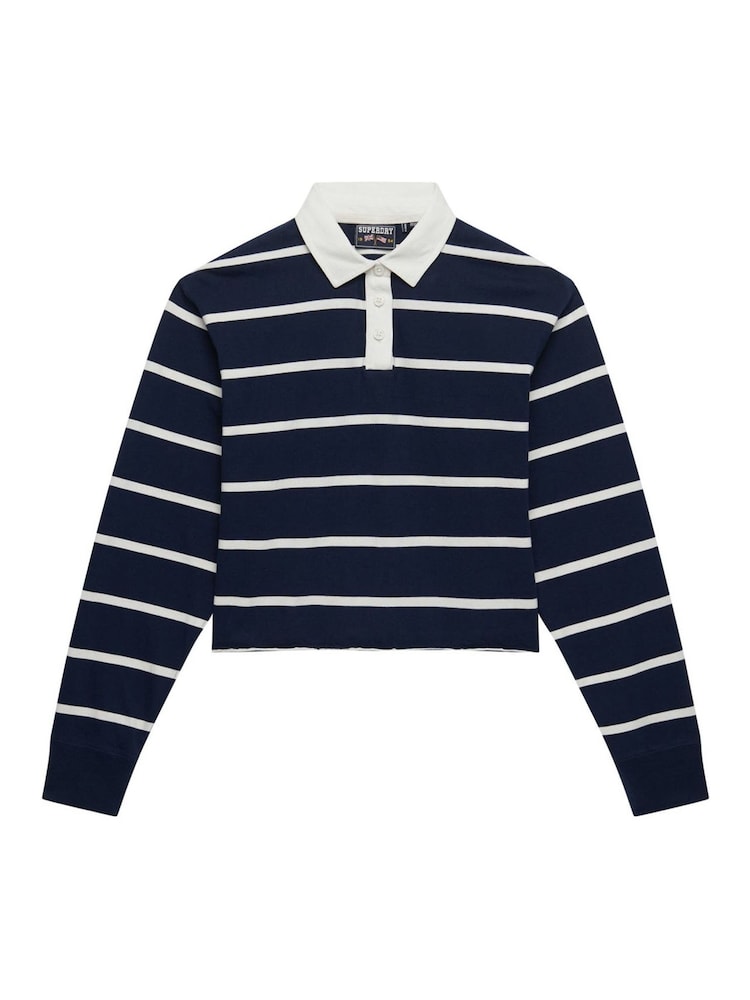 Superdry Blue Athletic Essentials Cropped Stripe Rugby Shirt - Image 6 of 6 Superdry Blue Athletic Essentials Cropped Stripe Rugby Shirt - Image 6 of 6