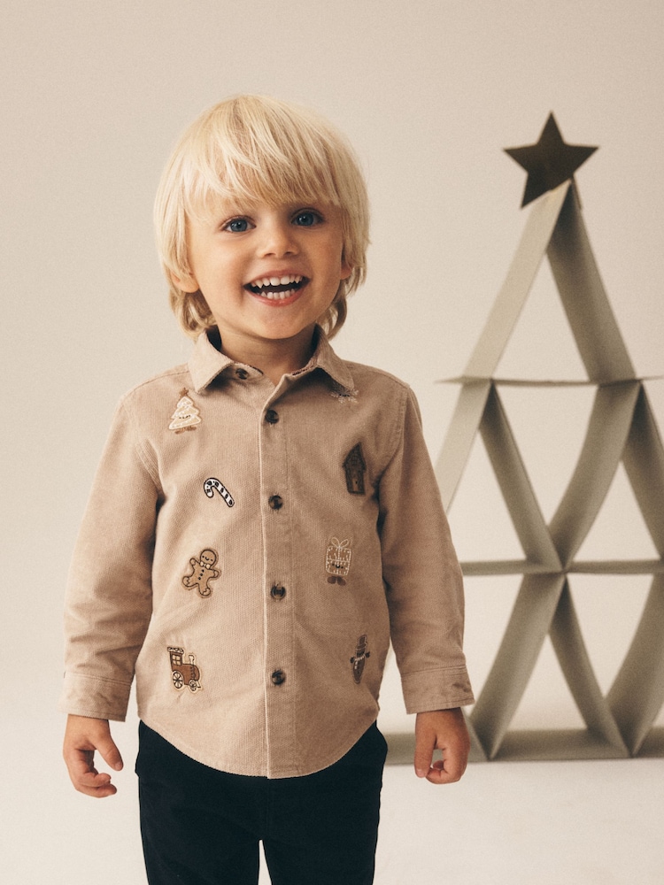 Tan Brown Long Sleeve All Over Embroidery Christmas Shirt (3mths-10yrs) - Image 1 of 3
