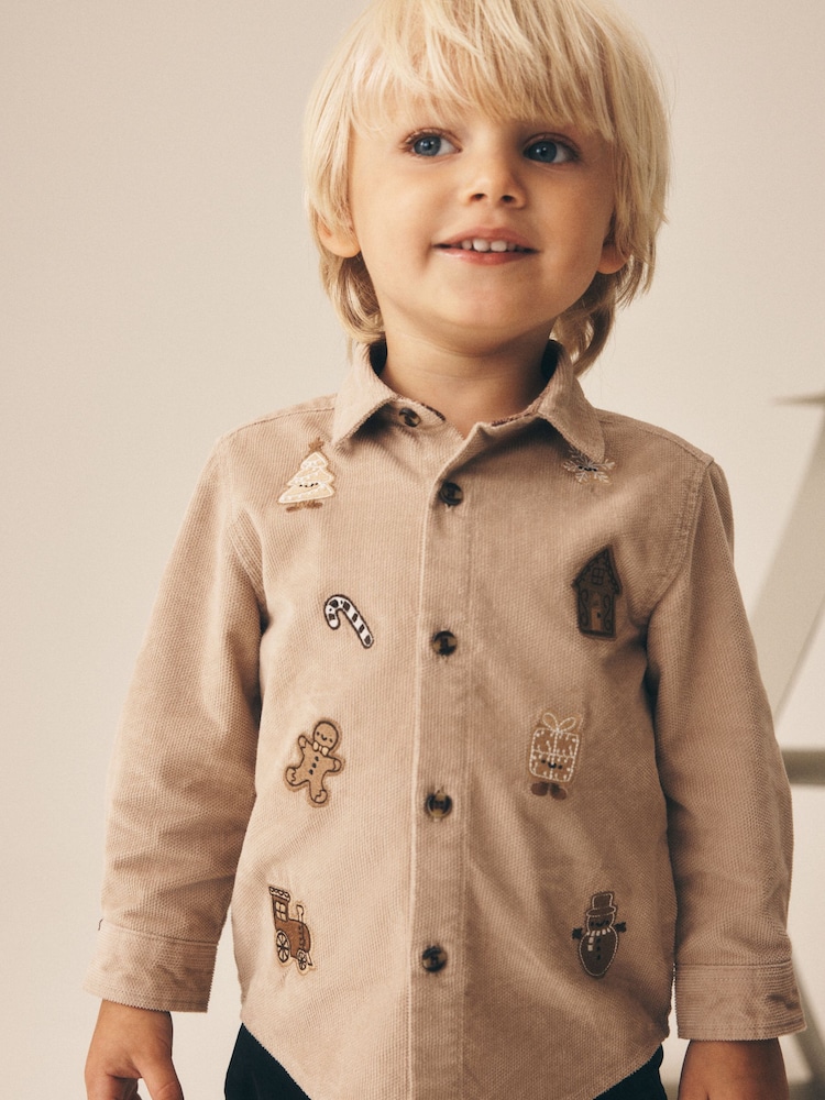 Tan Brown Long Sleeve All Over Embroidery Christmas Shirt (3mths-10yrs) - Image 2 of 3