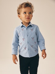 Pale Blå - Long Sleeve All Over Embroidery Christmas Shirt (3mths-10yrs) - Bilde 1 av 8