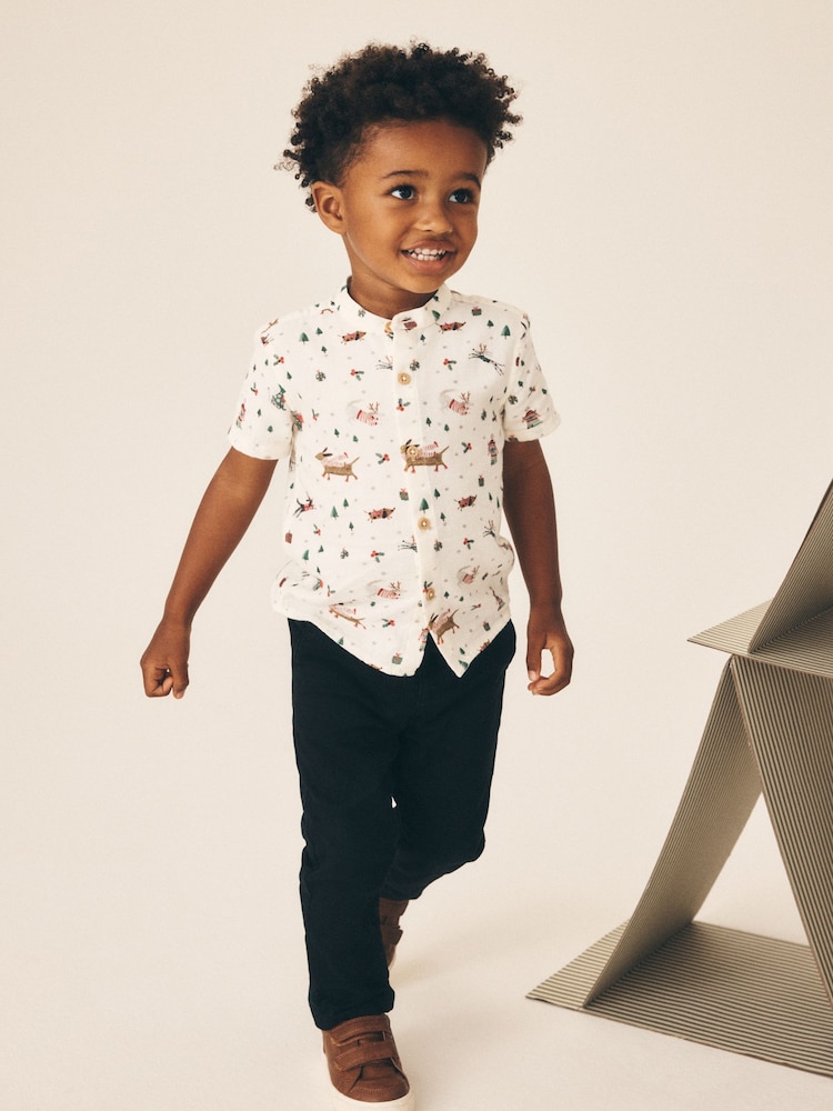Ecru White Short Sleeve Grandad Collar Christmas Shirt (3mths-10yrs) - Image 2 of 8