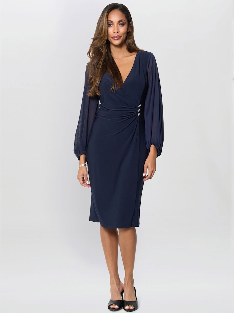 Gina Bacconi Blue Dress Jersey Wrap With Mesh Sleeves - Image 1 of 5 Gina Bacconi Blue Dress Jersey Wrap With Mesh Sleeves - Image 1 of 5