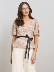 Gina Bacconi Kitty V-Neck Lace Nude Blouse - Image 3 of 7