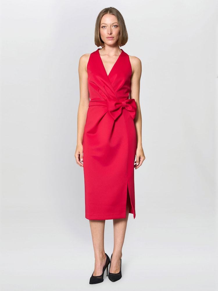 Gina Bacconi Red Elliana Bow Detail Midi Dress - Image 1 of 7 Gina Bacconi Red Elliana Bow Detail Midi Dress - Image 1 of 7