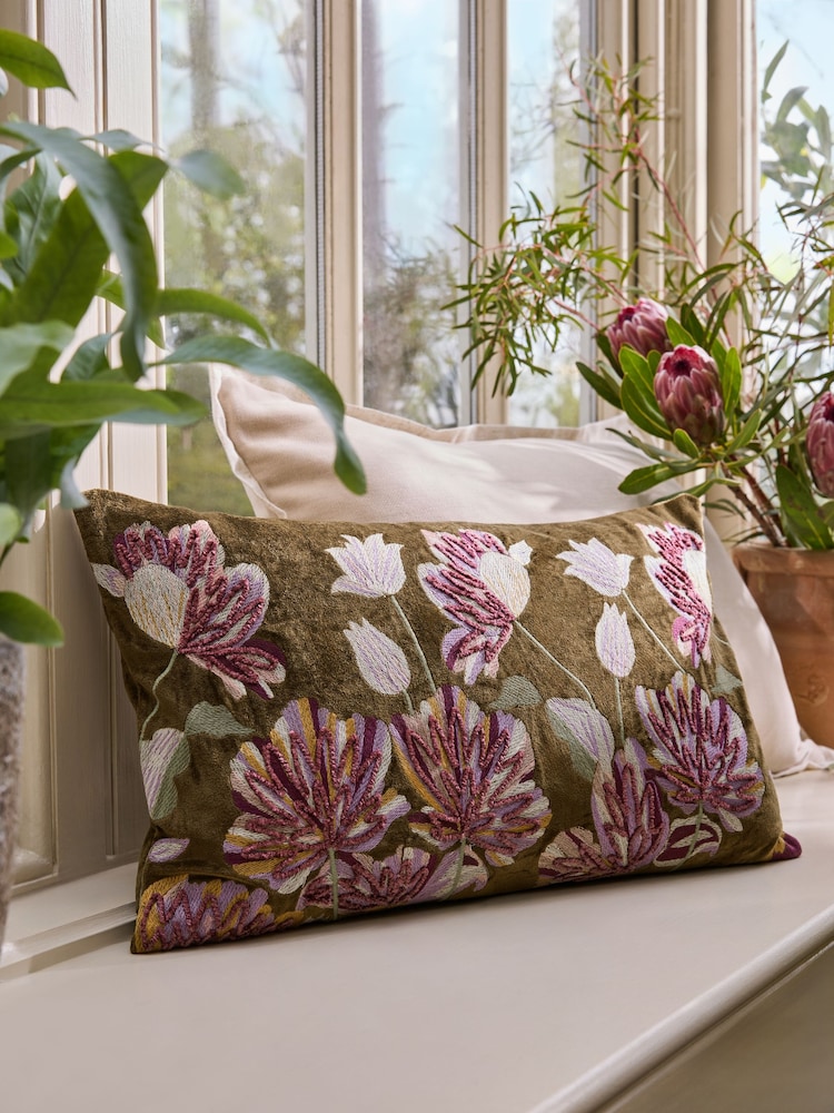 Purple Kew Collection Embroidered Floral Oblong Cushion - Image 1 of 4 Purple Kew Collection Embroidered Floral Oblong Cushion - Image 1 of 4