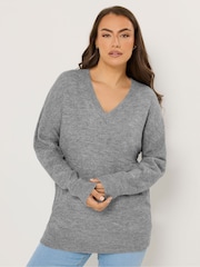 Yours Curve Grey V-Neck Soft Touch Jumper - Image 1 of 5
