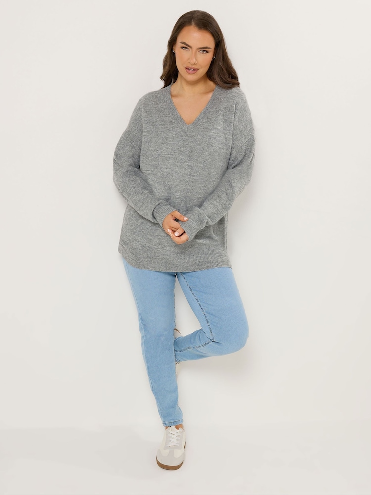 Yours Curve Grey V-Neck Soft Touch Jumper - Image 2 of 5
