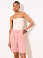 Lipsy Pink Tie Belt Denim Bermuda Shorts - Image 1 of 5