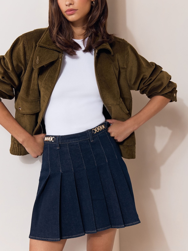 Lipsy Rinse Blue Wash Dark Blue Pleated Mini Skirt - Image 1 of 6