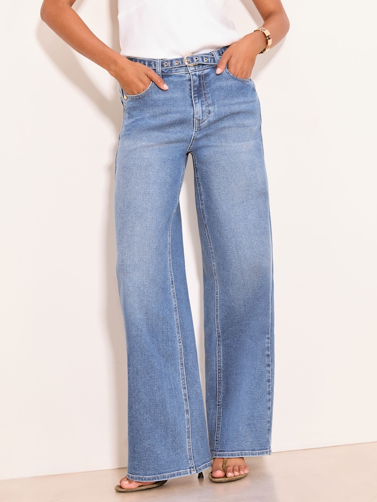 Mid Wash Midwash Belted Wide Leg Jeans - Image 2 of 5 Mid Wash Midwash Belted Wide Leg Jeans - Image 2 of 5