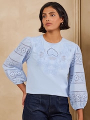 Love & Roses Pale Blue Embroidered 3/4 Sleeve Top - Image 1 of 5