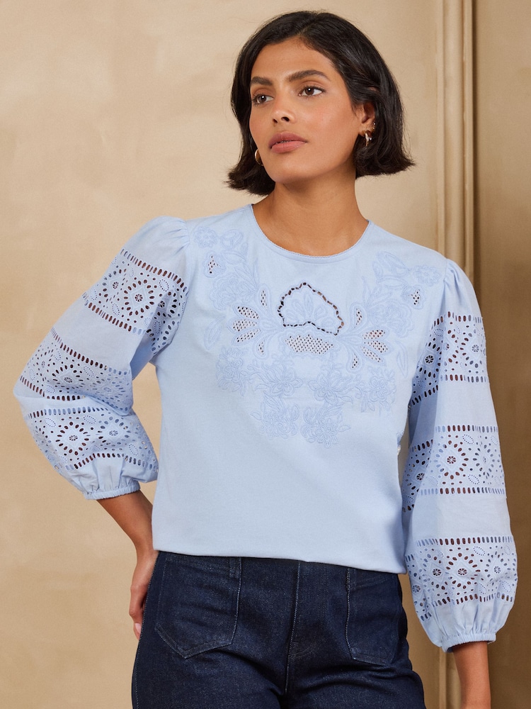 Love & Roses Pale Blue Embroidered 3/4 Sleeve Top - Image 1 of 5