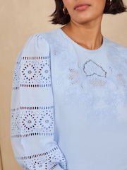 Love & Roses Pale Blue Embroidered 3/4 Sleeve Top - Image 2 of 5