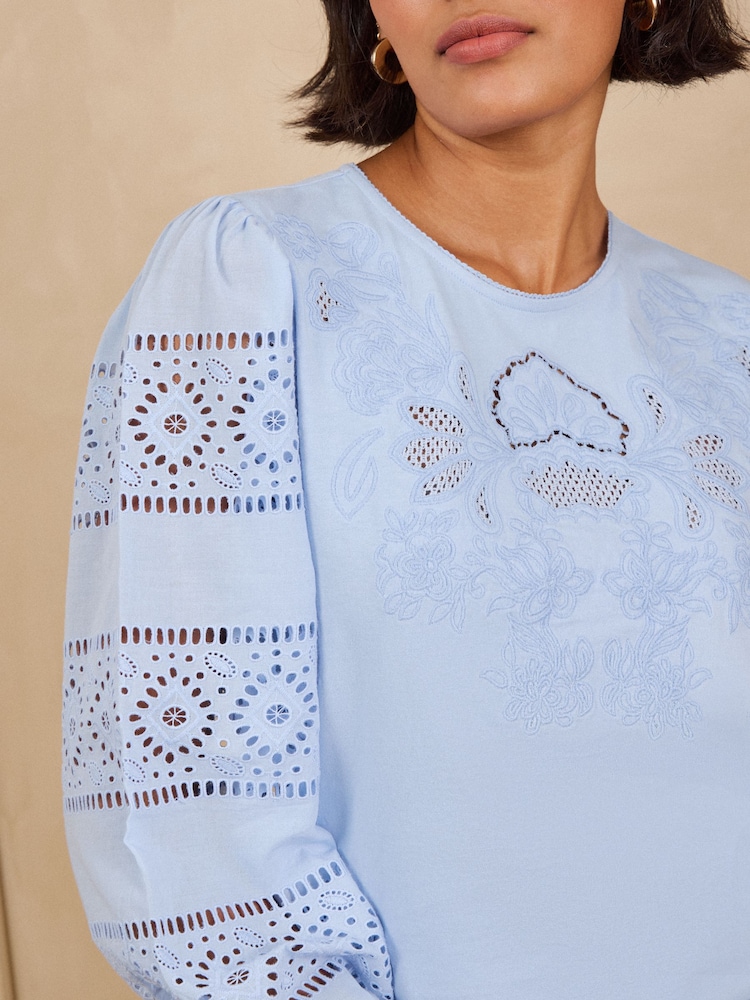 Love & Roses Pale Blue Embroidered 3/4 Sleeve Top - Image 2 of 5