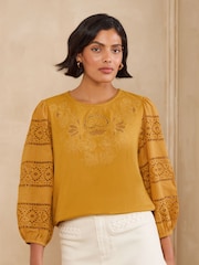 Love & Roses Mustard Yellow Embroidered 3/4 Sleeve Top - Image 1 of 4
