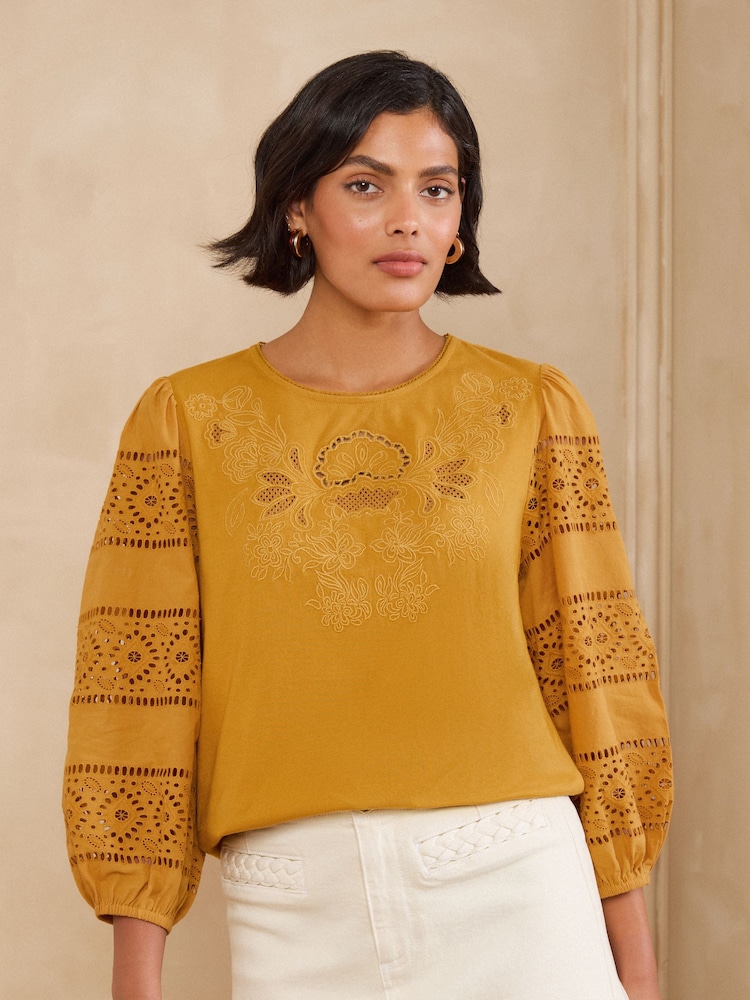 Love & Roses Mustard Yellow Embroidered 3/4 Sleeve Top - Image 1 of 4