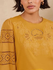 Love & Roses Mustard Yellow Embroidered 3/4 Sleeve Top - Image 2 of 4