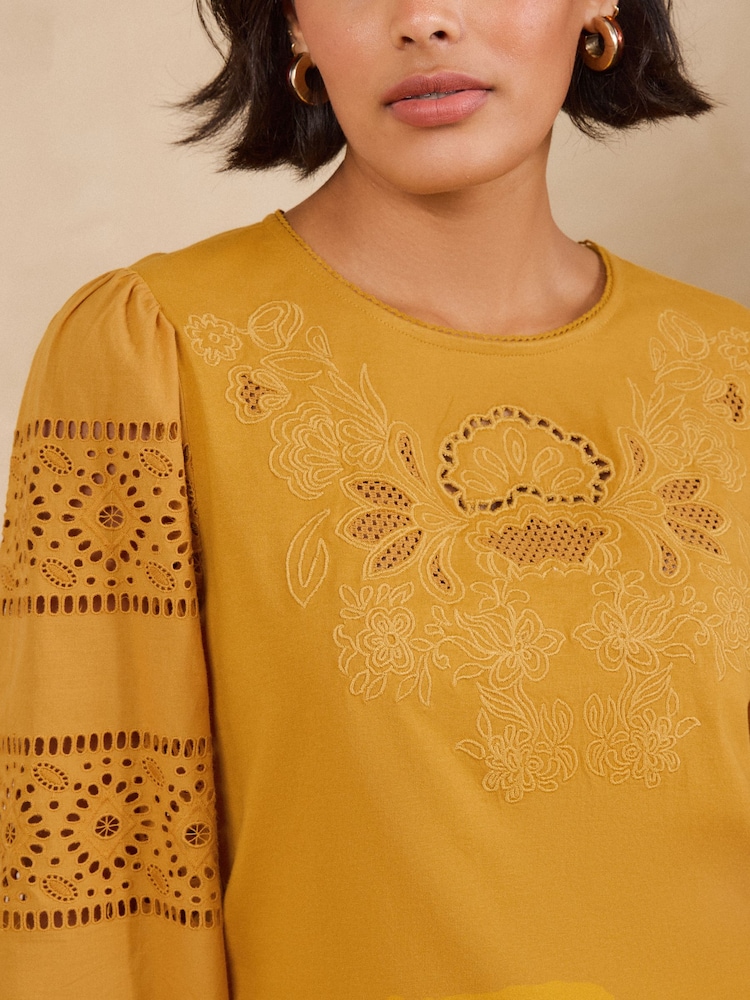 Love & Roses Mustard Yellow Embroidered 3/4 Sleeve Top - Image 2 of 4