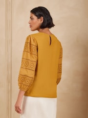 Love & Roses Mustard Yellow Embroidered 3/4 Sleeve Top - Image 4 of 4