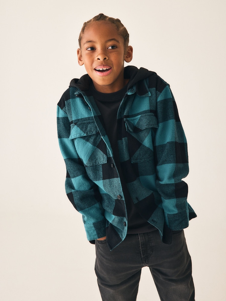 Teal Blue Check Long Sleeve Hooded Shirt (3-16yrs) - Image 2 of 8 Teal Blue Check Long Sleeve Hooded Shirt (3-16yrs) - Image 2 of 8