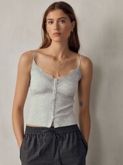 Grey V-Neck Ribbed Lace Trim Vest - Image 1 of 8