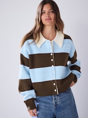 Blue/Chocolate Brown Stripe Supersoft Bomber Cardigan - Image 1 of 8