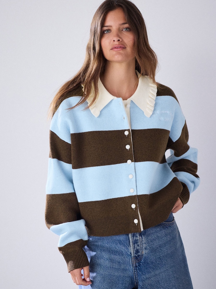 Blue/Chocolate Brown Stripe Supersoft Bomber Cardigan - Image 1 of 8