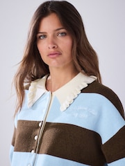 Blue/Chocolate Brown Stripe Supersoft Bomber Cardigan - Image 3 of 8