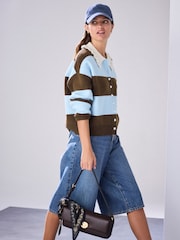 Blue/Chocolate Brown Stripe Supersoft Bomber Cardigan - Image 4 of 8