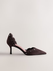 Chocolate Brown Forever Comfort® Faux Suede Eyelet Two Part Point Toe Heels - Image 1 of 9