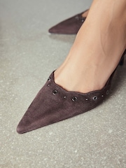 Chocolate Brown Forever Comfort® Faux Suede Eyelet Two Part Point Toe Heels - Image 5 of 9