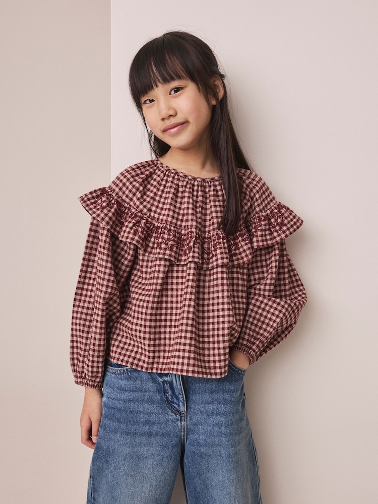 Chocolate Brown Check Ruffle Blouse (3-16yrs) - Image 1 of 6
