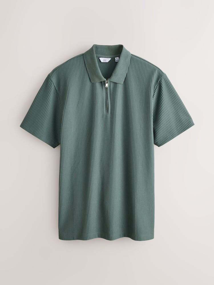 Green Textured Smart Zip Neck Polo Shirt - Image 1 of 3 Green Textured Smart Zip Neck Polo Shirt - Image 1 of 3