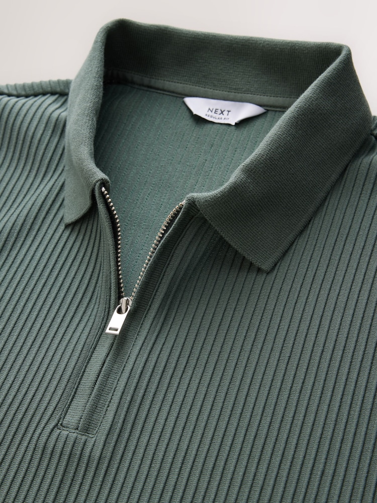 Green Textured Smart Zip Neck Polo Shirt - Image 2 of 3 Green Textured Smart Zip Neck Polo Shirt - Image 2 of 3