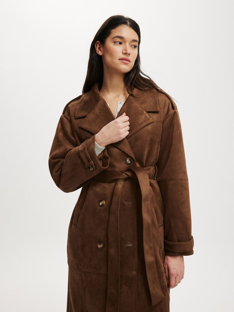 Cotton On Brown Faux Suede Trench Coat - Image 1 of 5 Cotton On Brown Faux Suede Trench Coat - Image 1 of 5