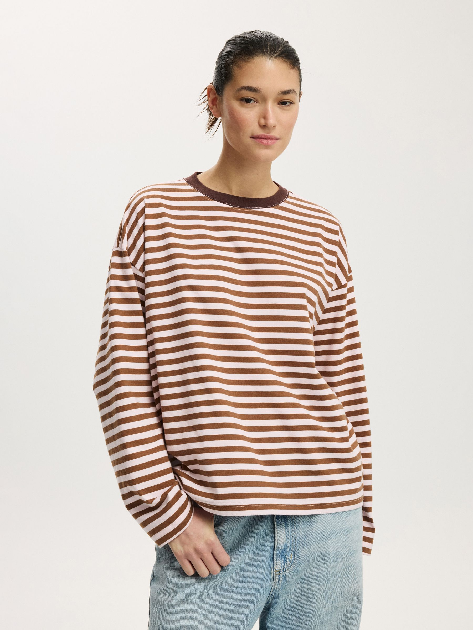 Buy Cotton On Purple & Grey/ Stripey Oversized Boxy Long Sleeve T