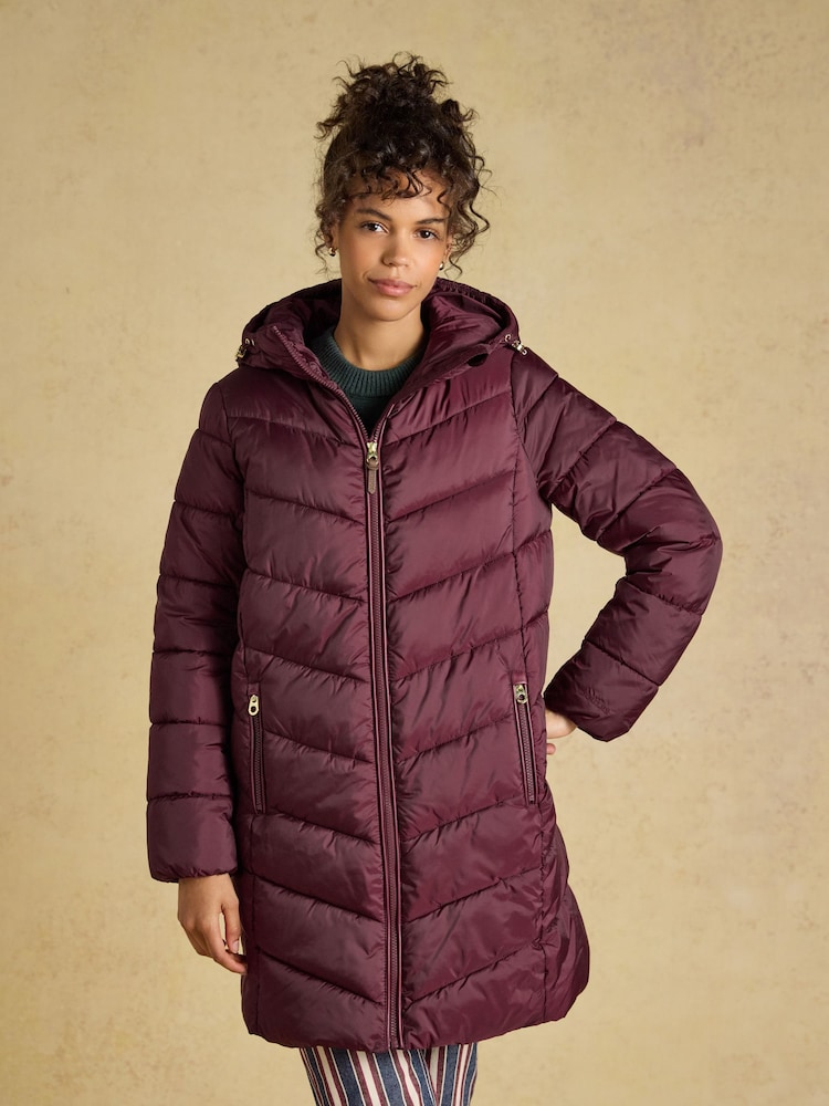 Joules Moorsdale Burgundy Red Mid Length Showerproof Padded Coat with Hood - Image 1 of 9