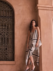 Black/White Stripe Scarf Asymmetric Hem Midi Dress - Image 2 of 5