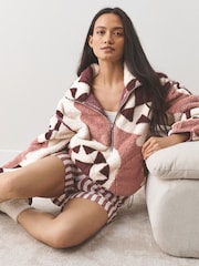 Cream Geometric Half Zip Borg Fleece - Image 1 of 9