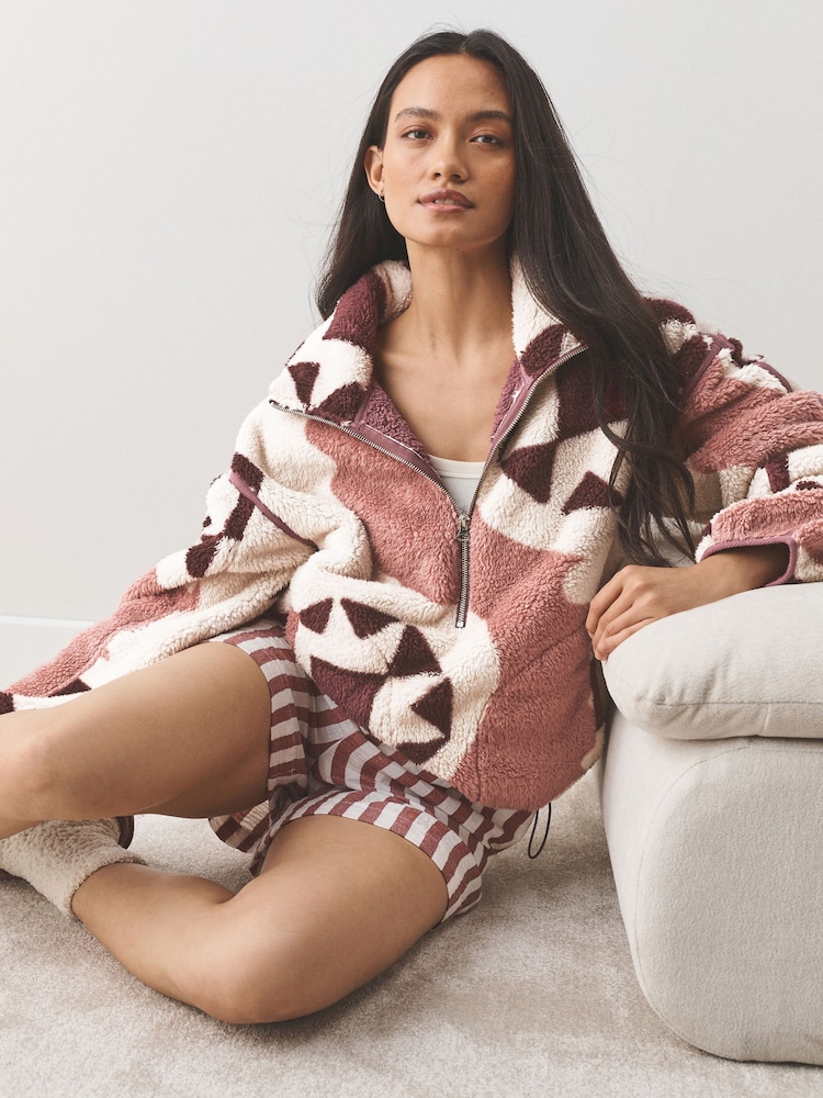 Cream Geometric Half Zip Borg Fleece - Image 1 of 9