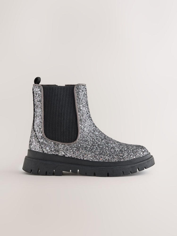 Silver Glitter Standard Fit (F) Chunky Chelsea Boots - Image 2 of 5 Silver Glitter Standard Fit (F) Chunky Chelsea Boots - Image 2 of 5