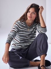 Grey Stripe Soft Touch Long Sleeve Crew Neck Jumper - Image 1 of 8
