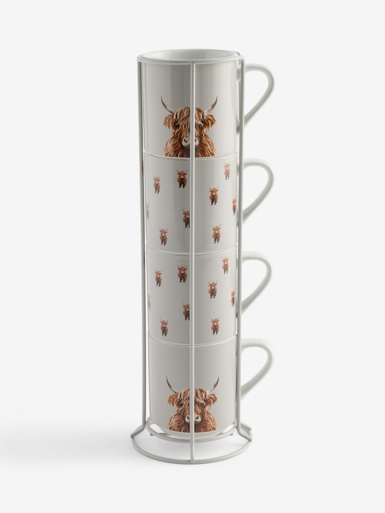 Set of 4 Grey Hamish the Highland Cow Stacking Mugs with Wire Stand - Image 1 of 1 Set of 4 Grey Hamish the Highland Cow Stacking Mugs with Wire Stand - Image 1 of 1